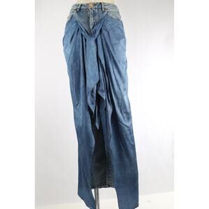 Designer Blue Cotton Denim Draped Skirt Jeans Zip Fly Layered Effect Size S